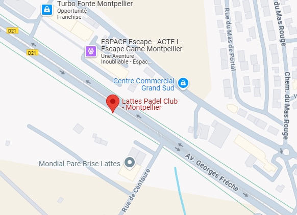 Plan de situation montrant le Lattes Padel Club Montpellier près de l'Av. Georges Frèche, Centre Commercial Grand Sud et D21.